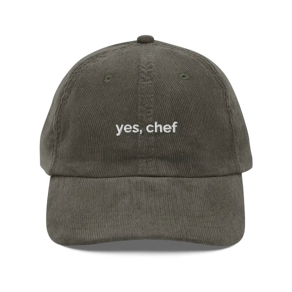 Olive green embroidered corduroy cap with Yes Chef design