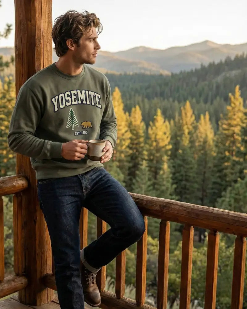 Olive green Yosemite National Park cotton sweatshirt with bear and pine design