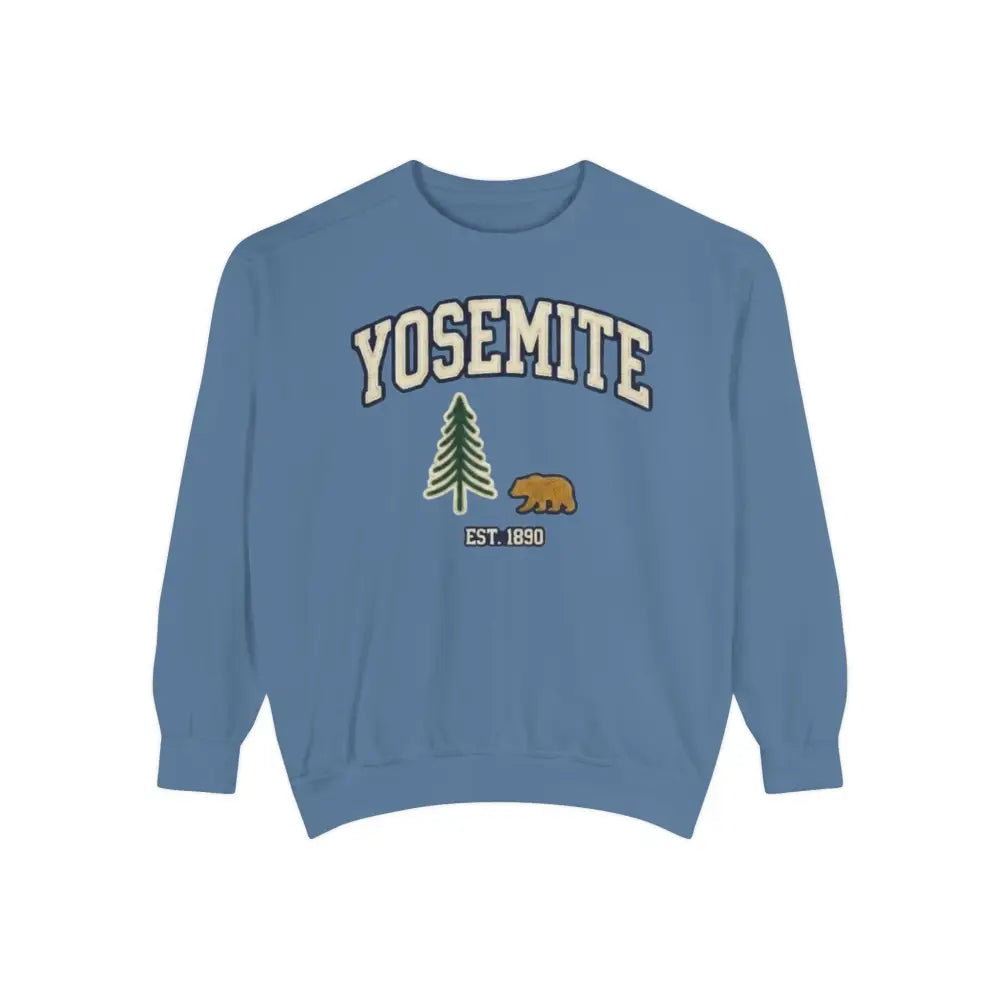 Blue Yosemite National Park sweatshirt with bear and pine graphic