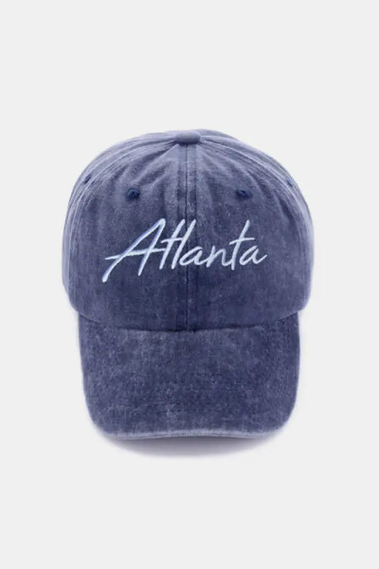 Zenana Washed ATLANTA Embroidered Baseball Cap - Atlanta Navy / One Size - Hats distressed indigo blue baseball cap 1